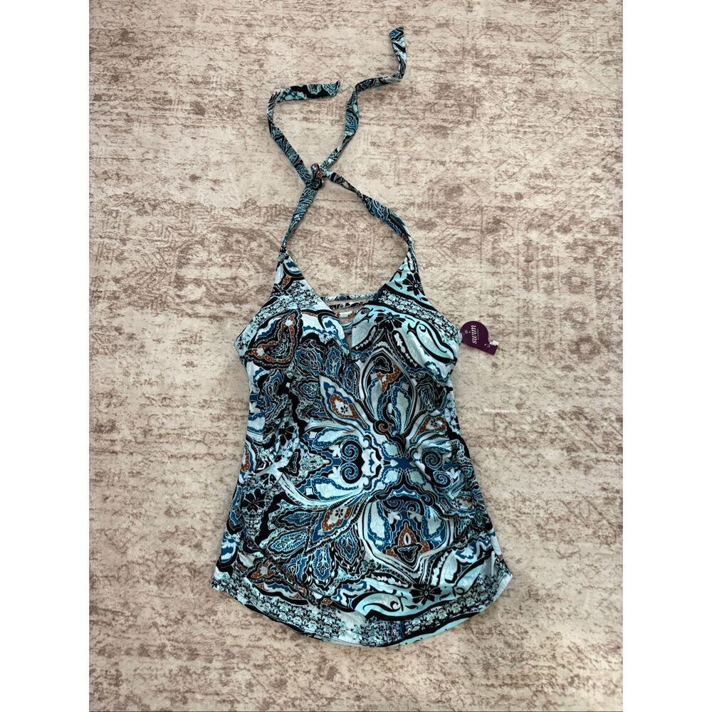 NWT Swim by Cacique Women's Paisley Halter V Neck Tankini Top Blue White Size 14